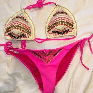 Pink and Cream Embroidered Bikini
